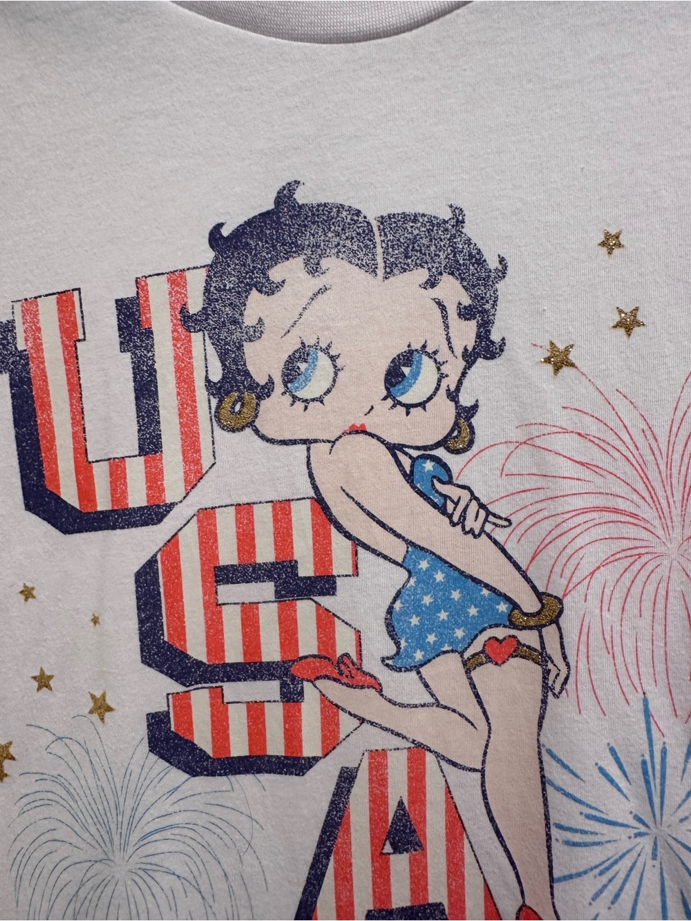 Betty Boop White Tee with Red & Blue Patriotic Graphic - Picture 3 of 6